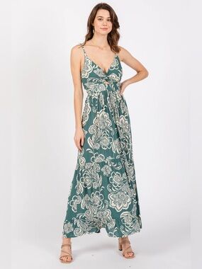 Angie Green Floral Sleeveless Twist Front Bohemian Boho Beachy Maxi Dress Large